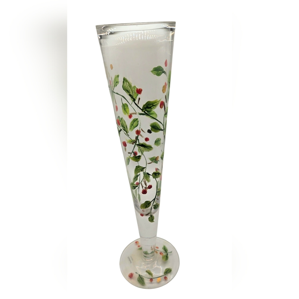 Vintage Tall Crystal Handmade Painted Glass Vase W/Green Red Floral Design 11"